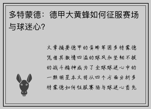 多特蒙德：德甲大黄蜂如何征服赛场与球迷心？